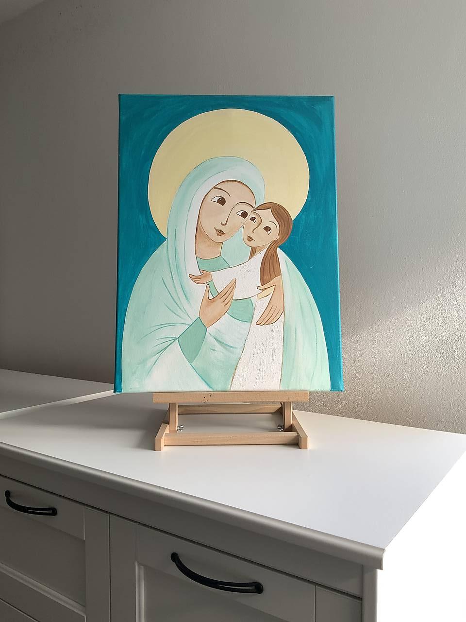 Obraz na pamiatku dňa krstu/prvého svätého prijímania s Pannou Máriou a dievčatkom v bielych šatách v náručí