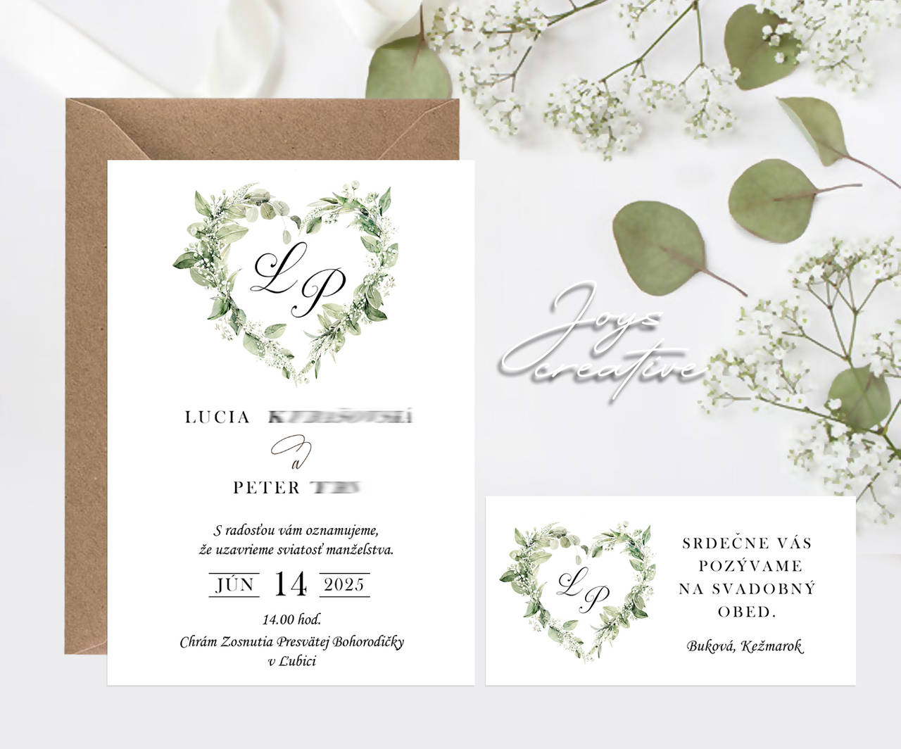 Svadobné oznámenie v štýle greenery so srdiečkom A02