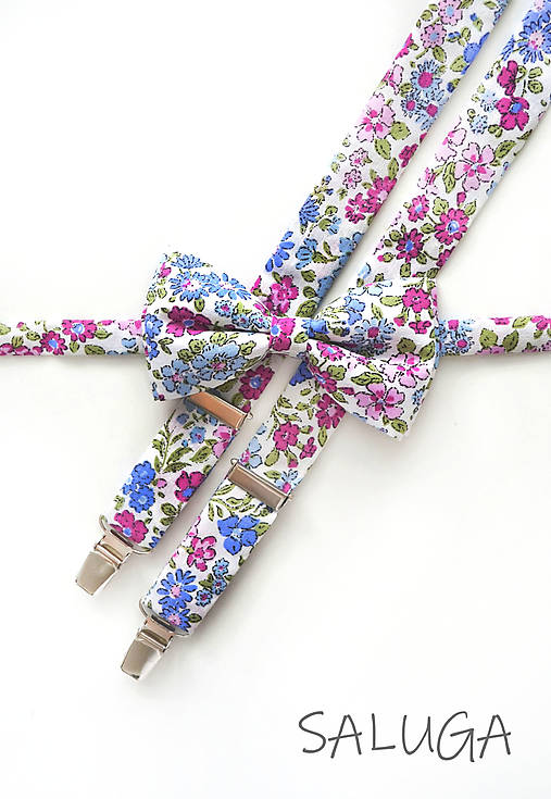 Pánske doplnky - Kvetinový pánsky motýlik a traky - dá sa aj detský - modrý kvetinový - ružový - cyklamenový - 17468668_