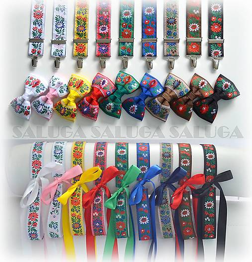 Pánske doplnky - Folklórny set: pánsky motýlik + traky + dámsky opasok - rôzne farby - stačí si vybrať - 17468685_