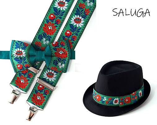 Pánske doplnky - Set - pánsky klobúk, folklórny motýlik a traky - zelený - 17468687_