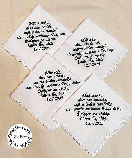 Darčeky pre svadobčanov - Vyšívané vreckovky pre rodičov  - 17468562_