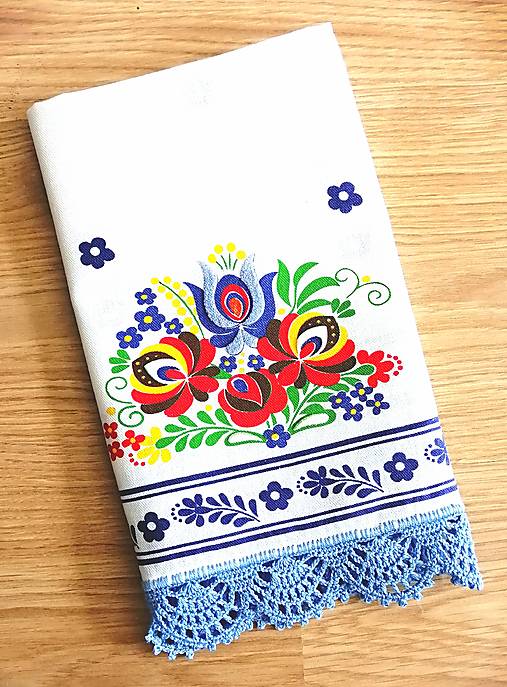 Úžitkový textil - Utierka s háčkovanou krajkou, modrý folk - 17468680_