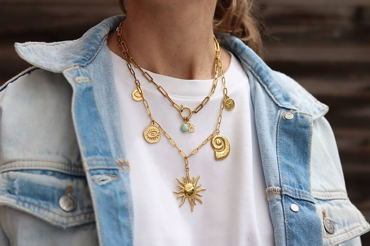 Retiazkový  náhrdelník s príveskami - maxi gold