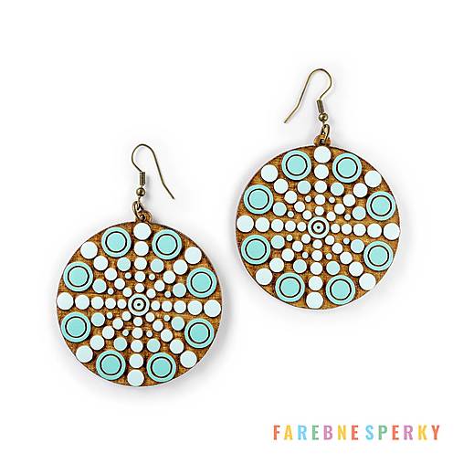 Náušnice - Drevené geometrické visiace náušnice – Geometric Spin 3, tyrkysové (kruhové) - 17472198_