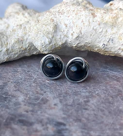 Náušnice - Mininapichovačky obsidián, chirurgická oceľ - 17474587_