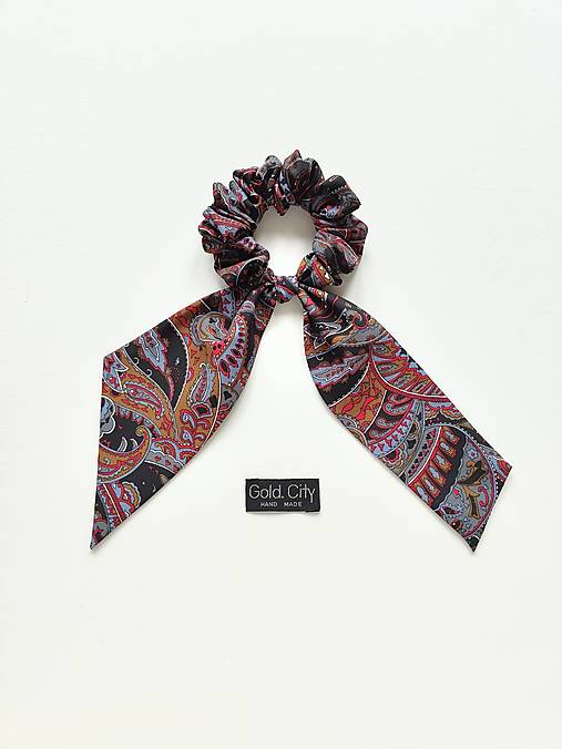 Maxi scrunchie hodvábna (Modro-hnedá ornamentová)