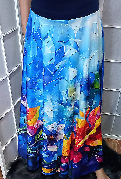 Sukne - Dlouhá půlkolová sukně - mozaikové květy (umělé hedvábí), velikost L/XL ~ VÝPRODEJ ~ - 17485648_