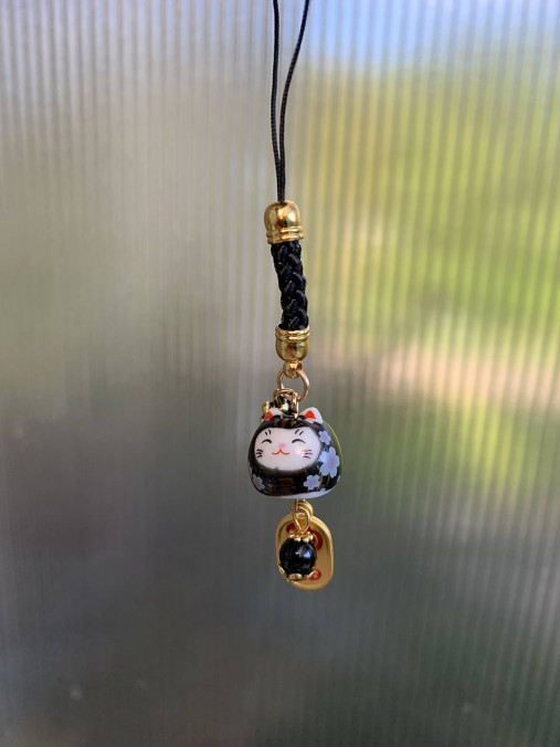 Na mobil - prívesok na mobil Japonská mačka šťastia (Čierna-Onyx) - 17485839_