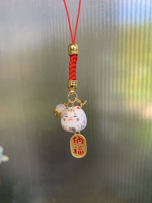 Na mobil - prívesok na mobil Japonská mačka šťastia (Biela-Achát) - 17485842_