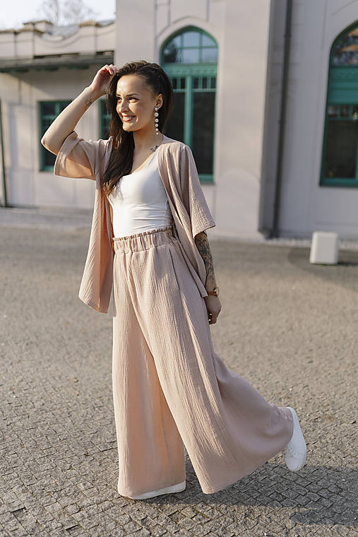 Nohavice - Luxusný mušelínový kimono set - rôzne farby - 17488760_