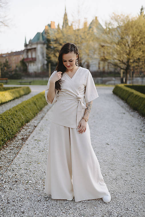 Nohavice - Luxusný ľanový kimono set - rôzne farby - 17488814_