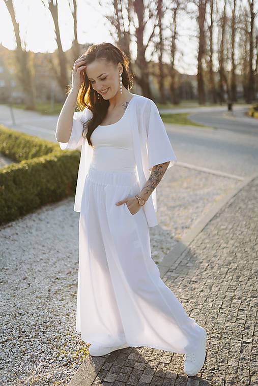 Nohavice - Luxusný ľanový kimono set - biely - 17488832_