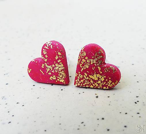 Náušnice - Antialergické napichovacie náušnice bordovo-zlaté srdcia - chirurgická oceľ - 17491304_