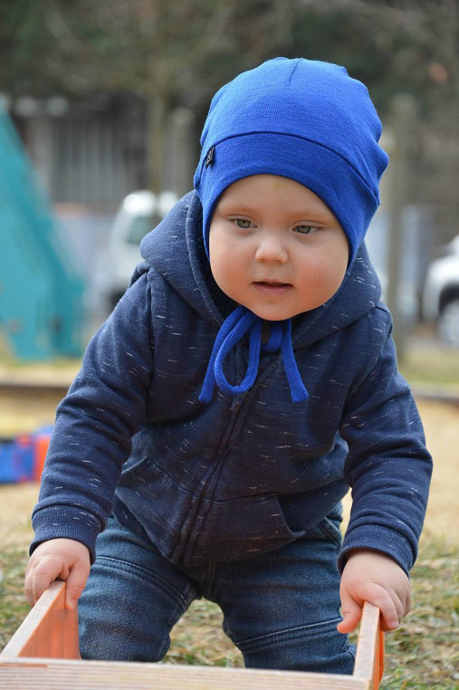 Detské čiapky - 100% merino čiapka tenučká na uväzovanie Paríž modrá - 17494146_