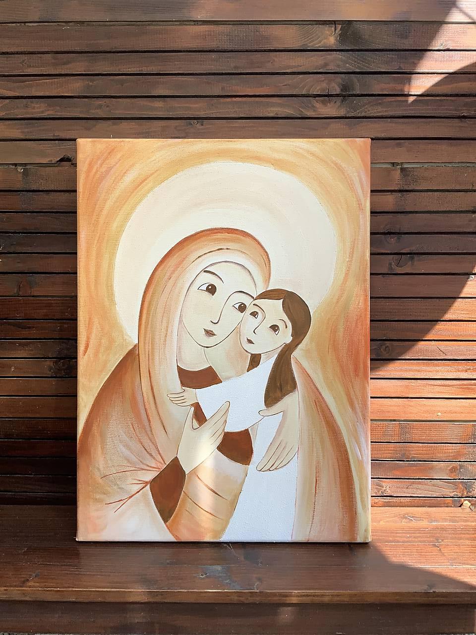 Maľba na pamiatku dňa krstu/prvého svätého prijímania s Pannou Máriou a dievčatkom v bielych šatách v náručí