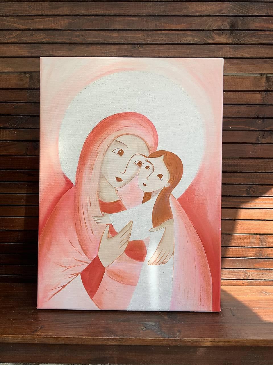 Maľba na pamiatku dňa krstu/prvého svätého prijímania s Pannou Máriou a dievčatkom v bielych šatách v náručí