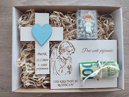 Dekorácie - Krížik, ruženec a tabuľka na peniaze k prvému svätému prijímaniu  - 17504194_