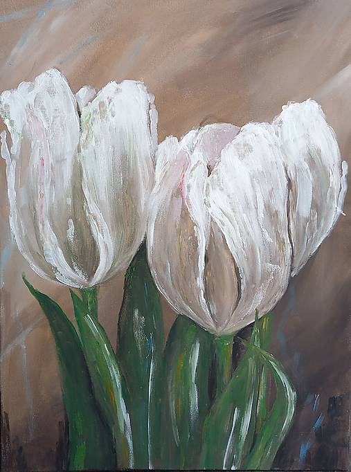 Obrazy - Biele tulipány - akryl, originál - 17505036_