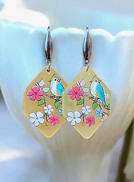 Náušnice - Živicové náušnice s vtáčikmi, nerezová oceľ - 17504611_