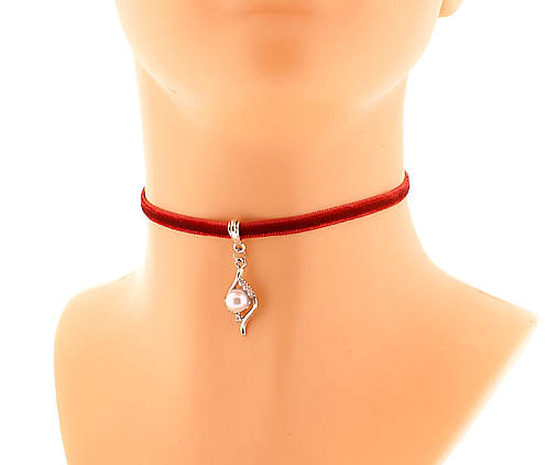 Náhrdelníky - Tenký zamatový náhrdelník obojok choker červený s príveskom perlou - 17508084_