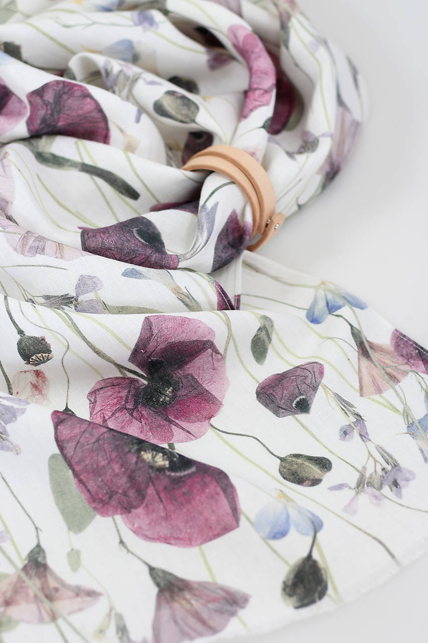 Elegantná biela dámska šatka z exkluzívneho premium kvetinového 100% ľanu "Lila Poppy"