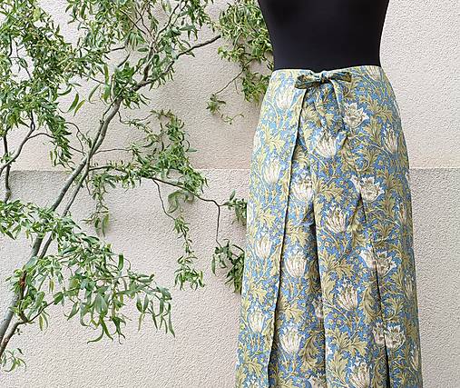 Nohavice - ZAVINOVACÍ KALHOTY MODRÉ S OLIVOVÝMI LÍSTKY - 17510873_