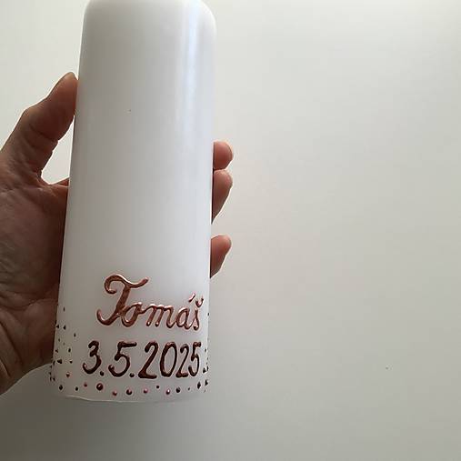 Maľovaná svieca s nápisom "Duchu Svätý príď!" (biela, 18 cm)