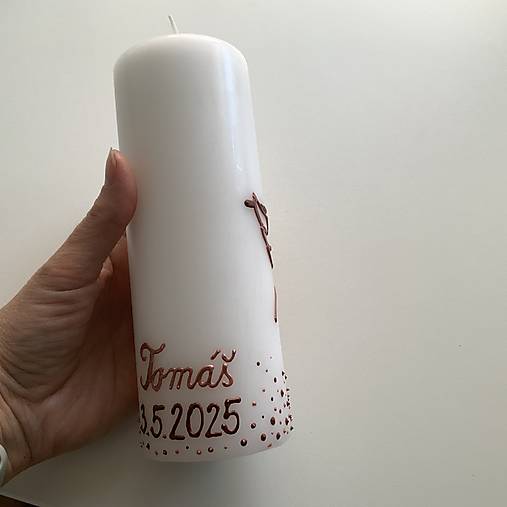 Maľovaná svieca s nápisom "Duchu Svätý príď!" (biela, 18 cm)