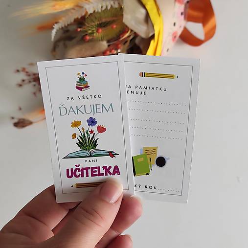 Kartička s venovaním na koniec školského roka pre učiteľky, učiteľov a vychovávateľov (Ďakujem pani učiteľka)