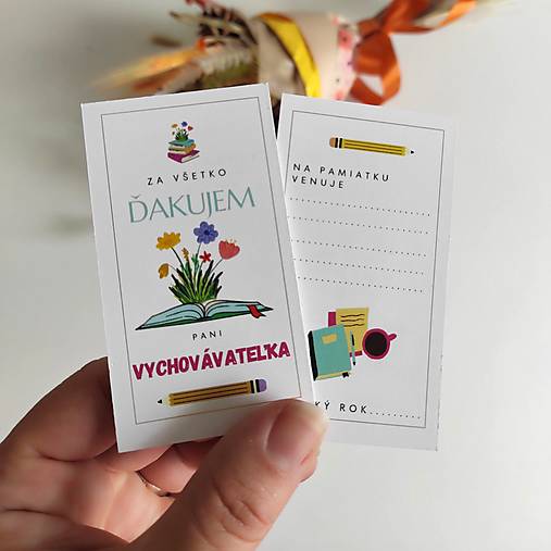 Kartička s venovaním na koniec školského roka pre učiteľky, učiteľov a vychovávateľov (Ďakujem pani vychovávateľka)