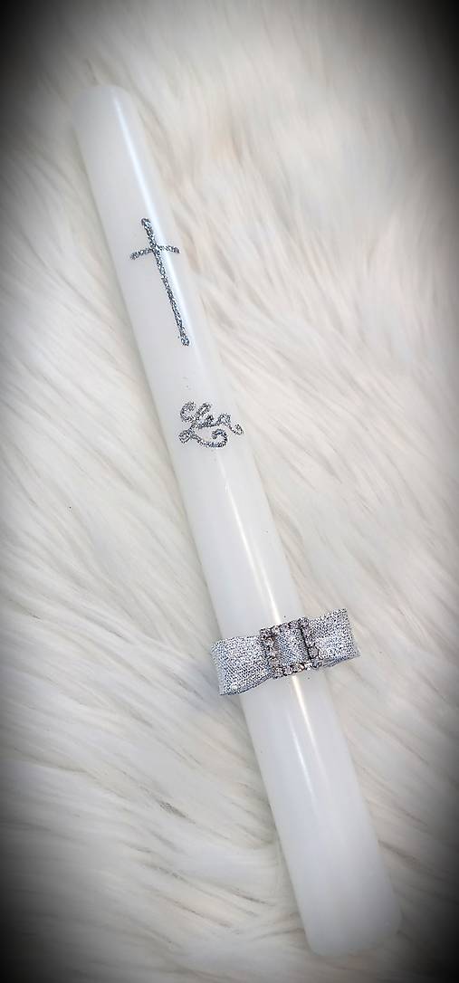 Sviečky - svieca na 1. sväté prijímanie / svieca na krst / sviečka na prvé sväté prijímanie  (Svieca strieborná + mašlička) - 17517557_