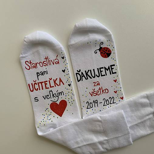 Maľované ponožky pre naj PANI UČITEĽKU/VYCHOVÁTEĽKU s lienkou (biele)