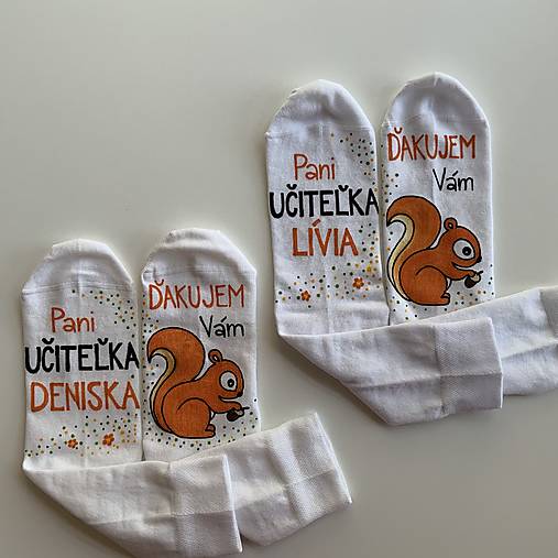 Maľované ponožky pre naj PANI UČITEĽKU biele s veveričkou