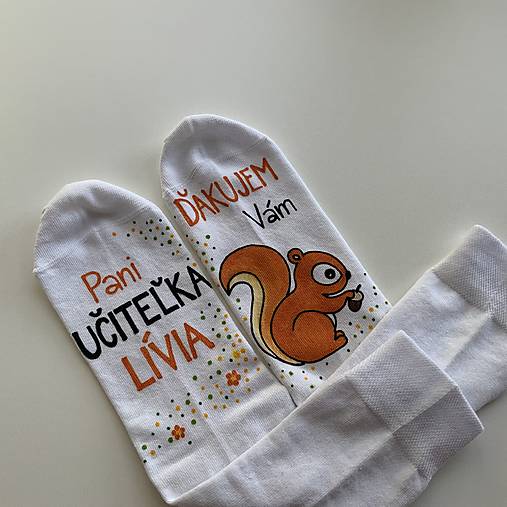 Maľované ponožky pre naj PANI UČITEĽKU biele s veveričkou