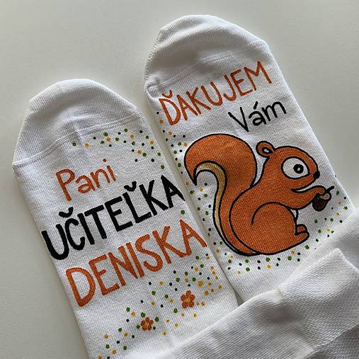 Maľované ponožky pre naj PANI UČITEĽKU biele s veveričkou