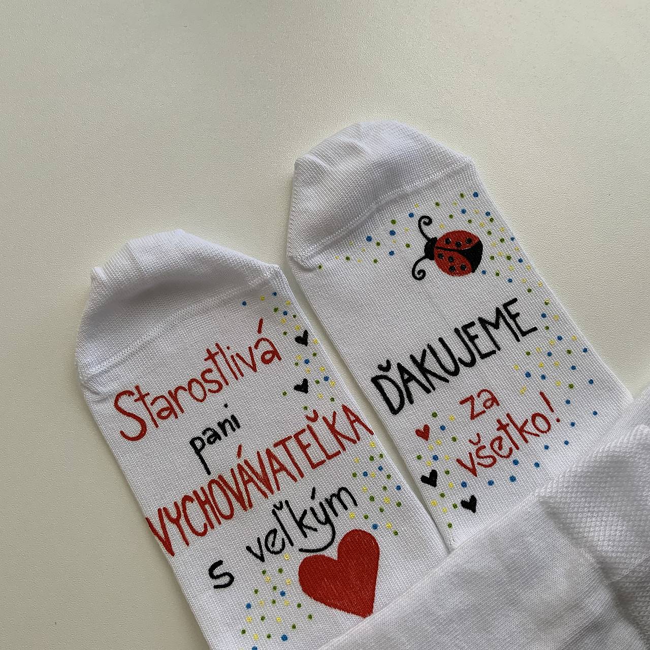 Maľované ponožky pre naj PANI UČITEĽKU/VYCHOVÁTEĽKU s lienkou (biele)