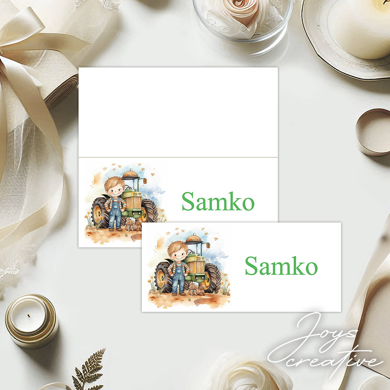 Skladacie / vizitkové menovky na detskú oslavu s traktorom