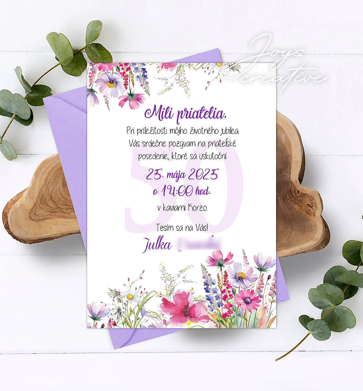 Pozvánka na narodeniny, narodeninová pozvánka na 50 lúčnymi kvetmi