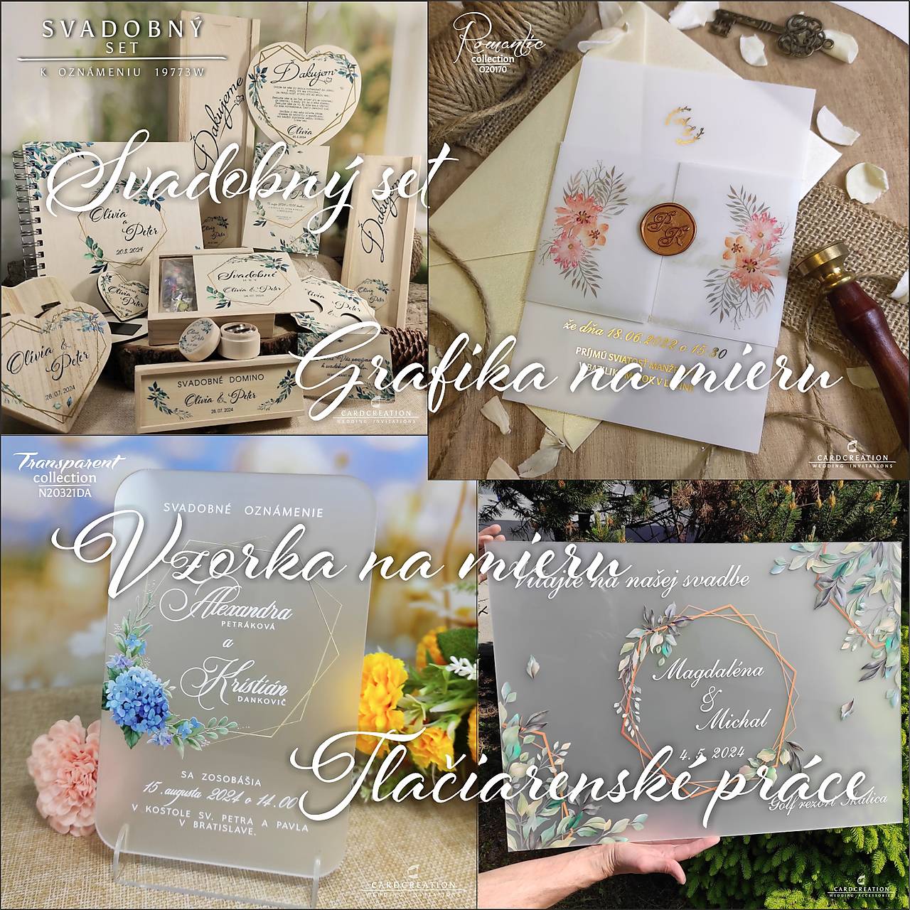 Svadobné oznámenia a svadobné doplnky podľa vlastného návrhu s grafikou na mieru, personalizovaný set