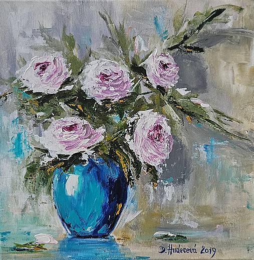 Obrazy - Obraz "Biele ruže v tyrkysovej váze" - plátno, 40x40 cm - 17527856_