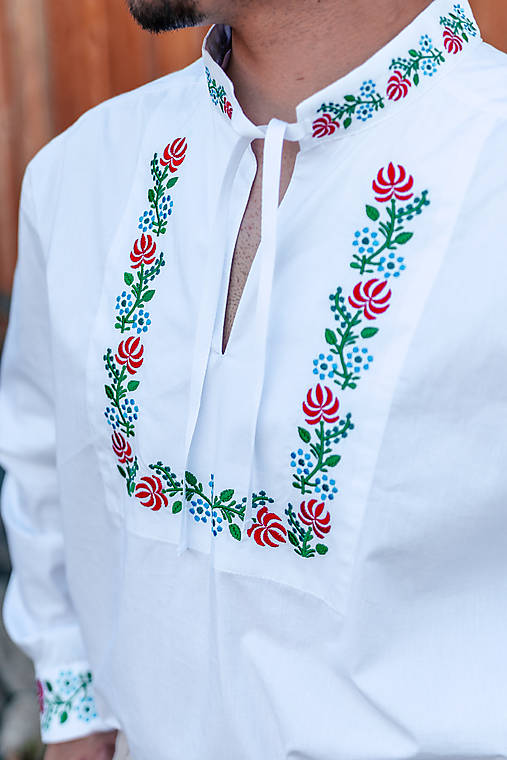 Pánske oblečenie - Pánska vyšívaná ľudová bavlnená košeľa Slávik - 17527941_