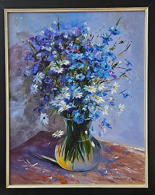 Obrazy - Obraz "Bielo-modré lúčne kvety"- rozmer 40x50 cm, zarámovaný obraz - 17529810_