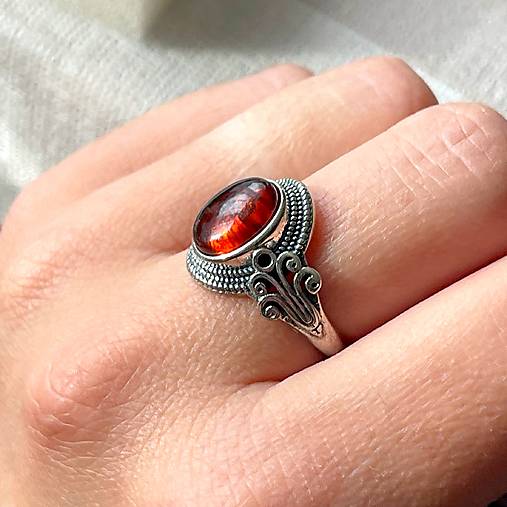 Filigree Amber Ag925 Silver Ring  / Strieborný filigránový prsteň s jantárom E044