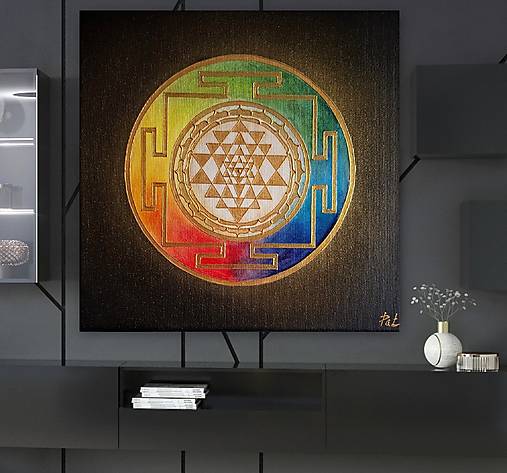 Obrazy - Čakrová ochranná mandala SRI  YANTRA (gold-black) 30 x 30 - 17534618_