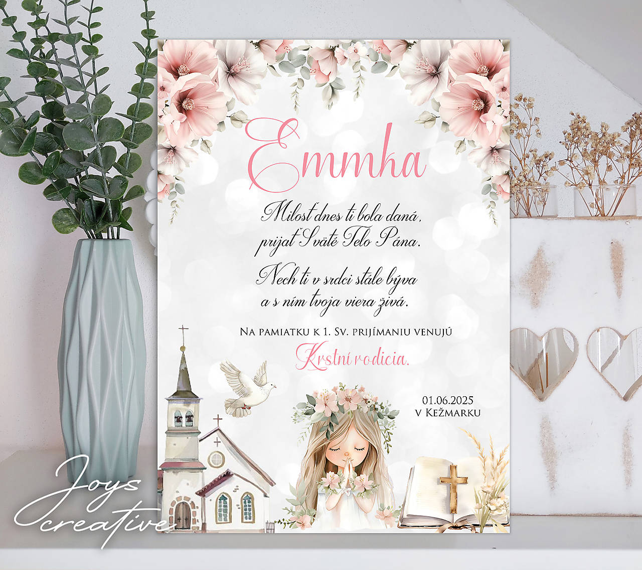 Pamiatka,  tabuľka k 1.sv. prijímaniu  (ružová)