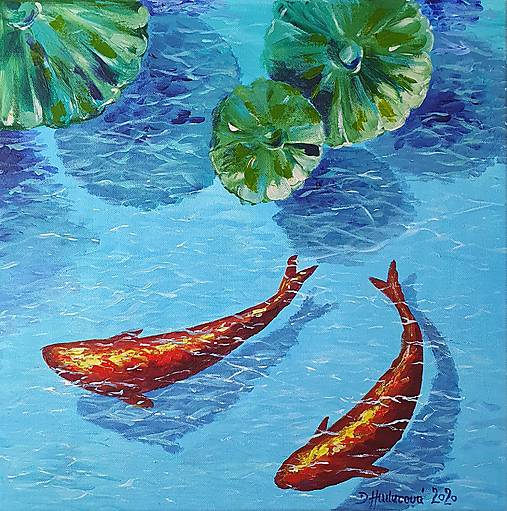 Obrazy - Obraz "Ryby a lekná" - plátno, 40x40 cm - 17535732_