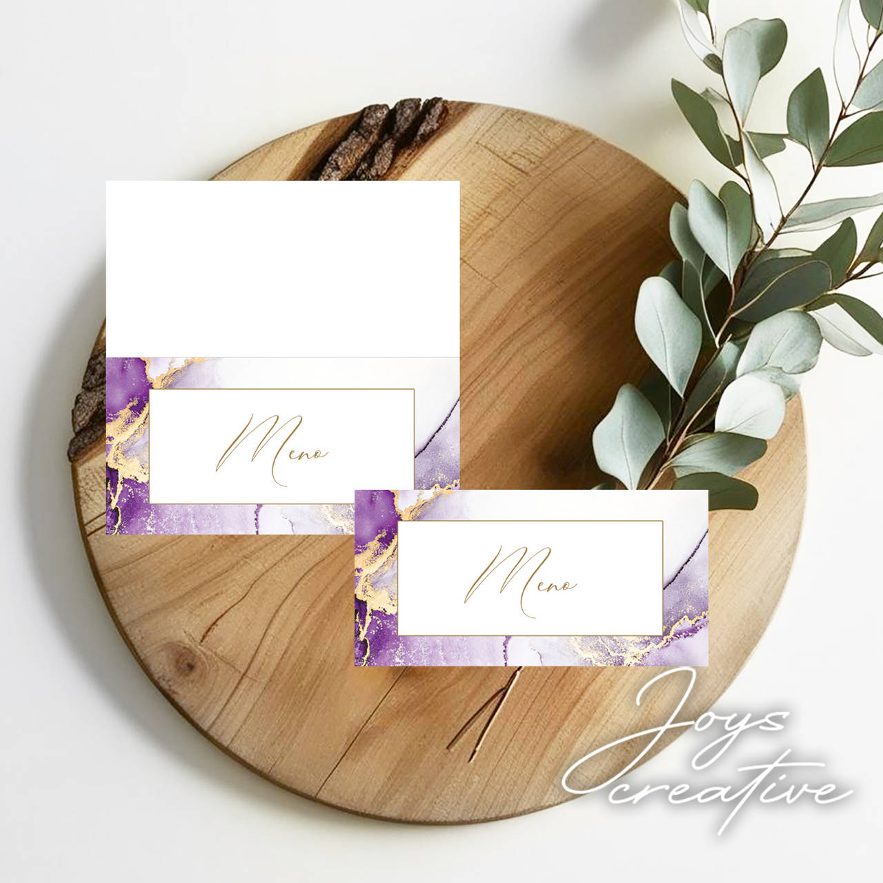 Fialovozlaté menovky na svadbu, oslavu