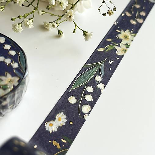exkluzívna japonská washi páska Konvalinky na tmavomodrej