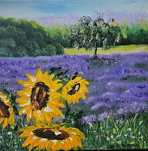 Obrazy - Obraz "Slnečnice a levandule" - plátno, 30x30 cm - 17542778_